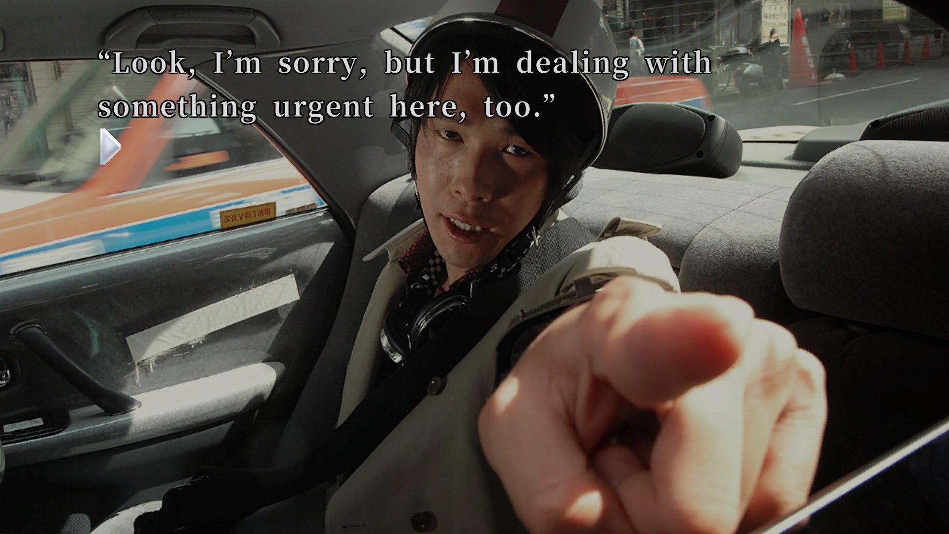 A man in the back of a car in 428 Shibuya Scramble, pointing at the player and saying 'Look, I'm sorry, but I'm dealing with something urgent here, too.'