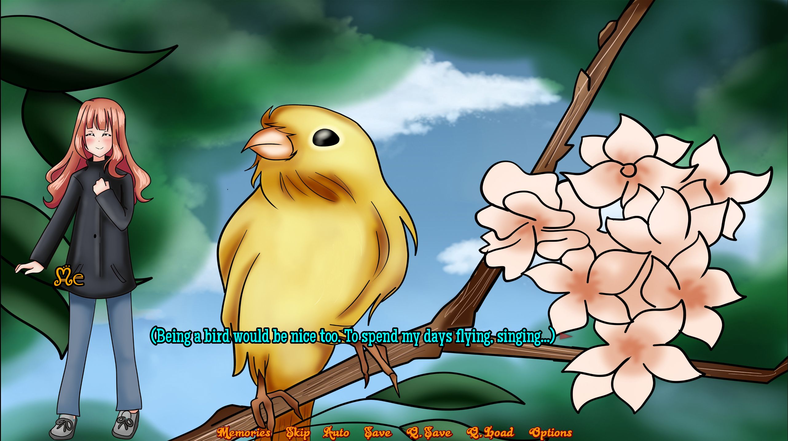 A screenshot of 4 Alice Magical Autistic Girls showing a close up of a yellow song bird in a tree, as the protagonist imagines it would be nice to be a bird