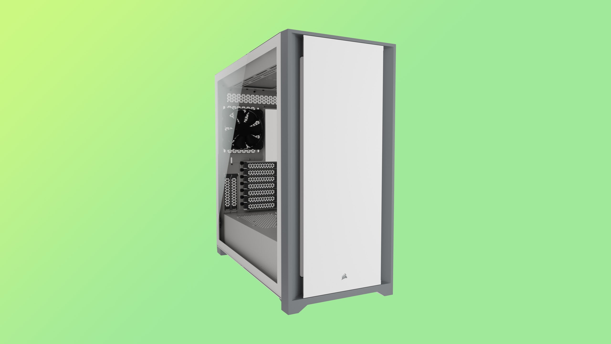 corsair 5000d pc case, shown in white with a clean and modern white/grey design
