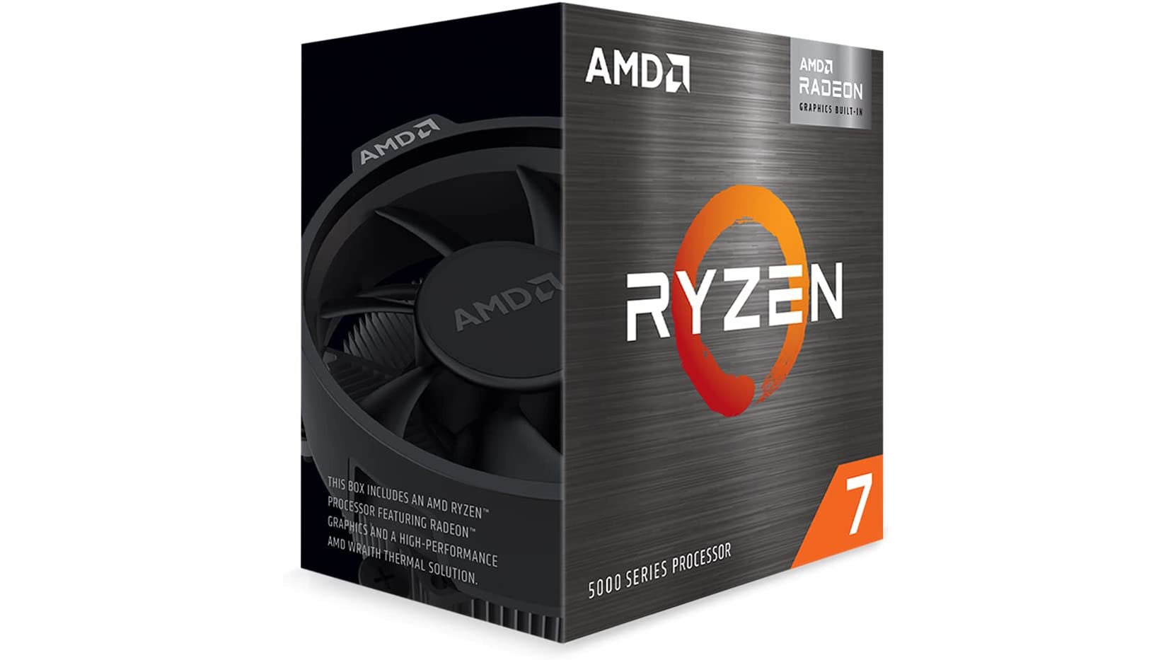 a photo of the ryzen 7 5700g APU, showing the chip in its box and the included 'wraith' cooler