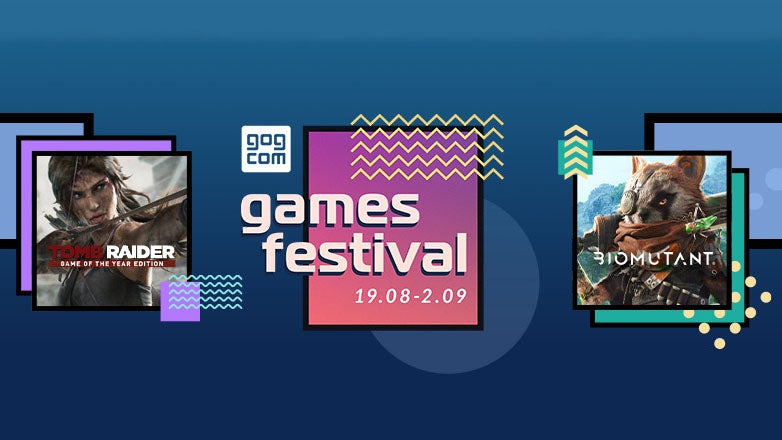 a graphic showing the gog game festival, featuring the games tomb raider, biomutant, cyberpunk and psychonauts 2