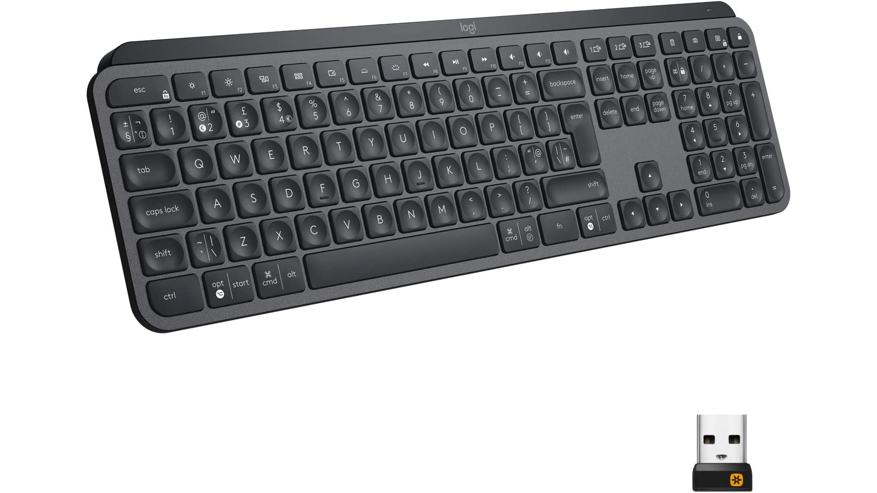 logitech mx keys keyboard full-size uk shown with wireless adapter