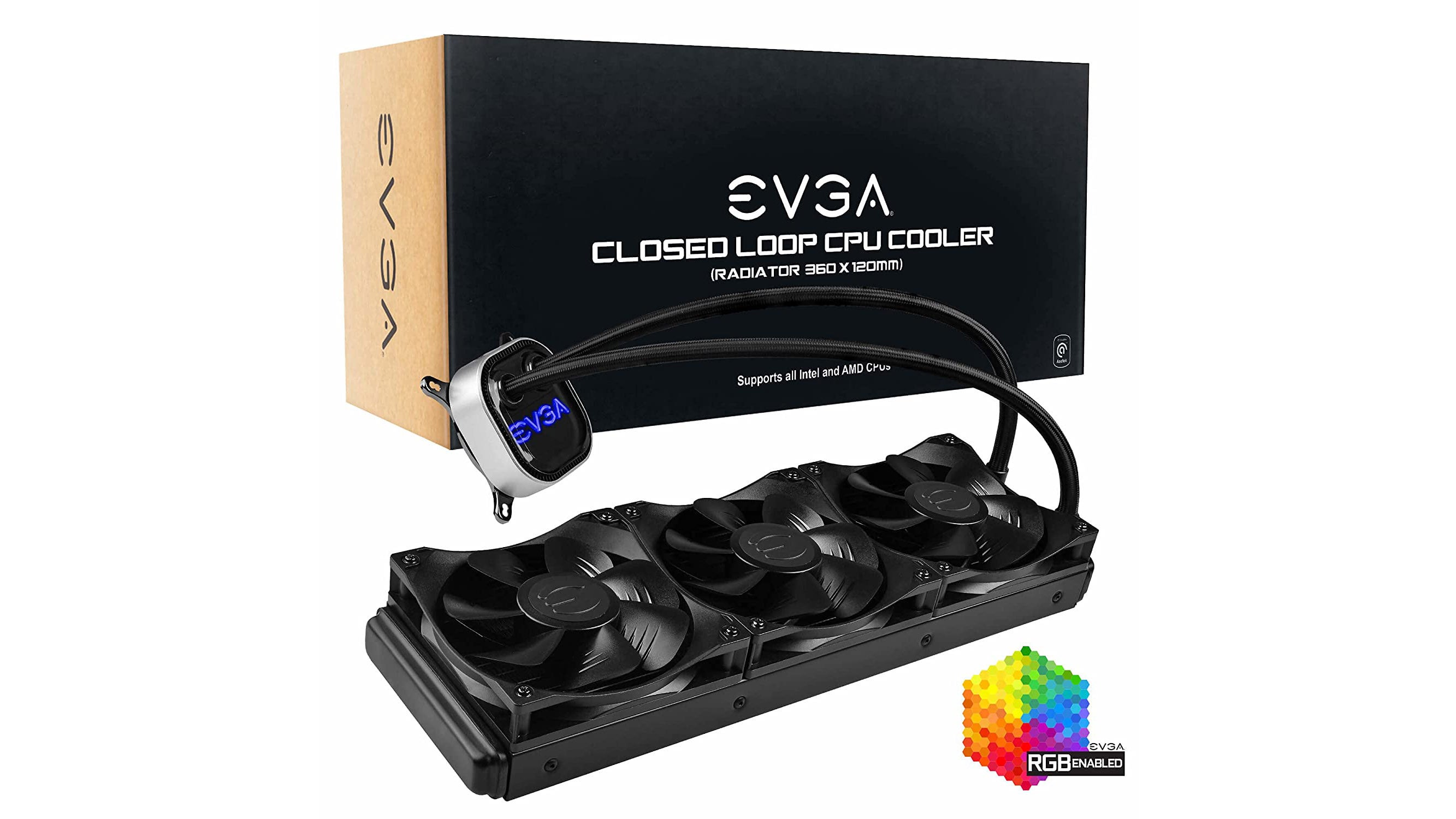 the evga clc 360mm is a triple-fan aio liquid cpu cooler, shown with its box and a subtle RGB pump.