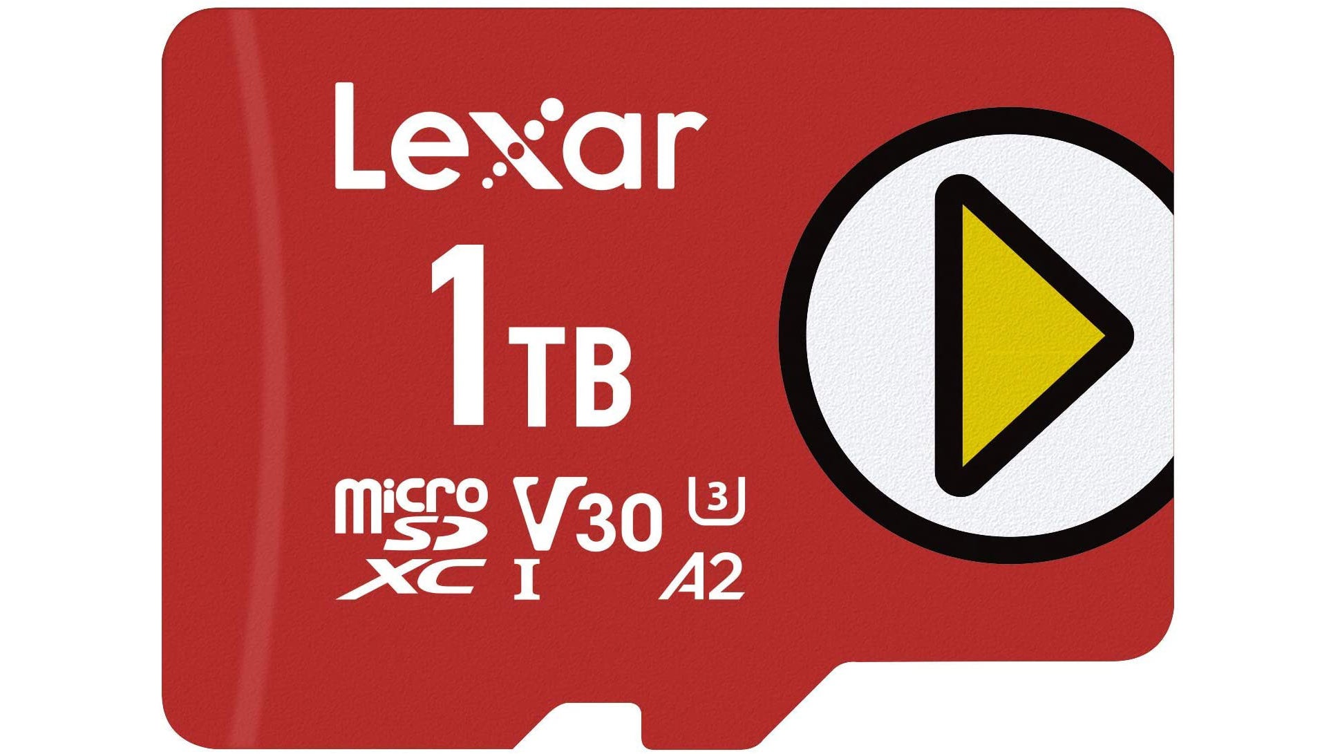 a lexar play 1tb micro sd card, in a friendly red and white design.