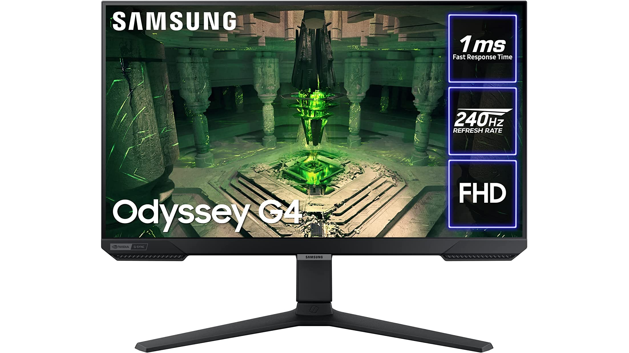 samsung odyssey g4 gaming monitor, with text saying its features (