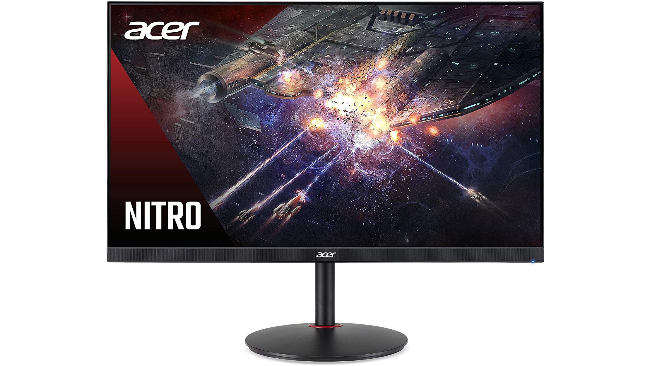 this photo of a red, slim-framed monitor depicts the acer nitro xv272u