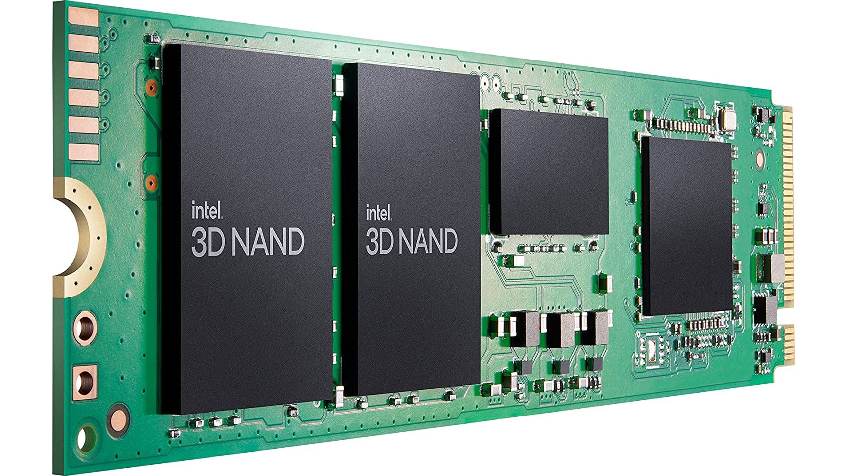 an intel ssd 670p series is pictured, with black 3D QLC NAND chips on a green circuit board in the familiar M.2 NVMe form factor.