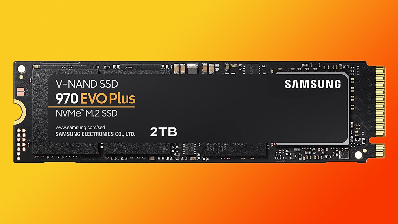 a photo of the samsung 970 evo plus 2tb nvme ssd, a svelte high speed drive on a cool orange background