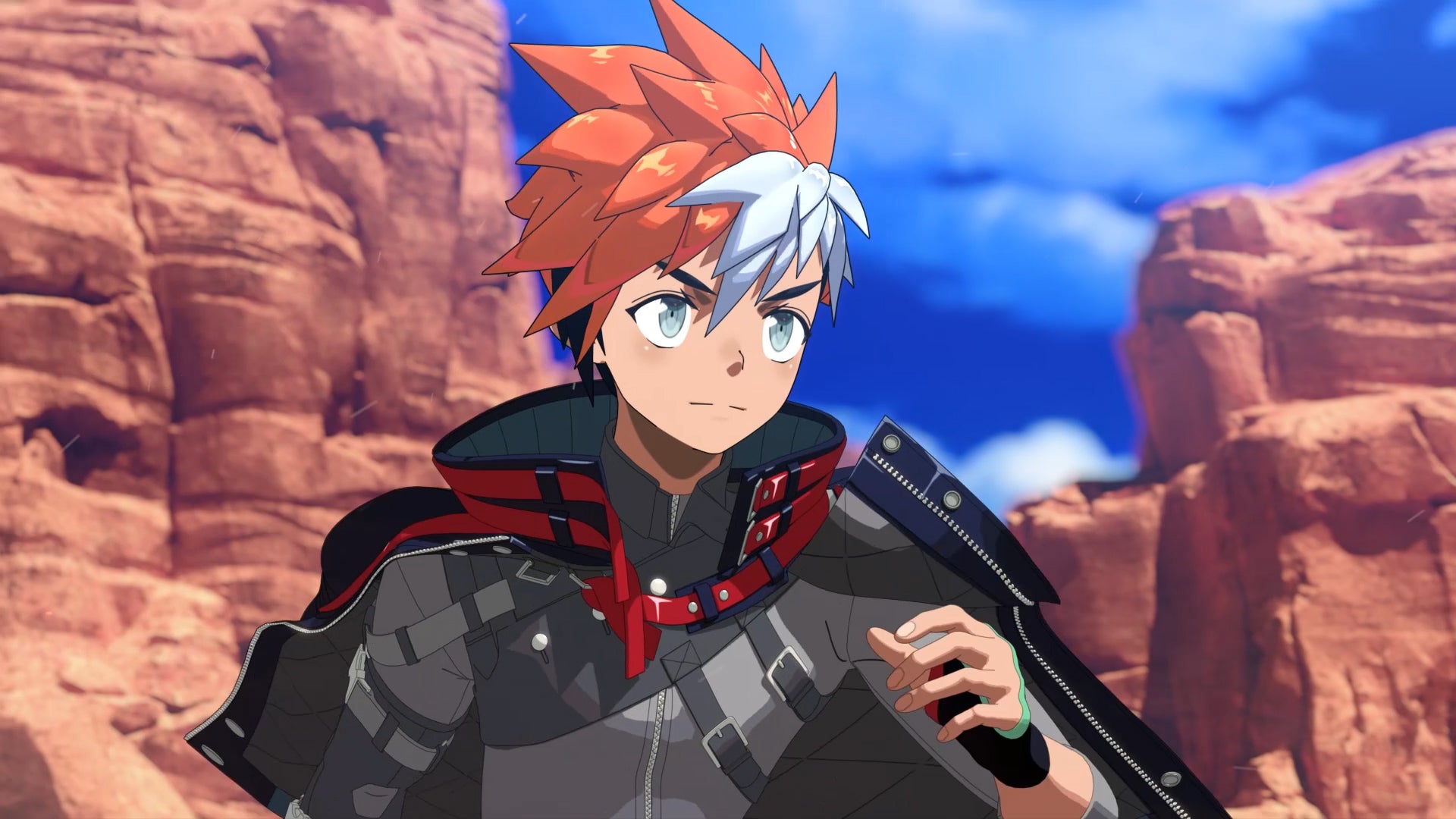 A young boy with red and white hair stands in a canyon in Armed Fantasia