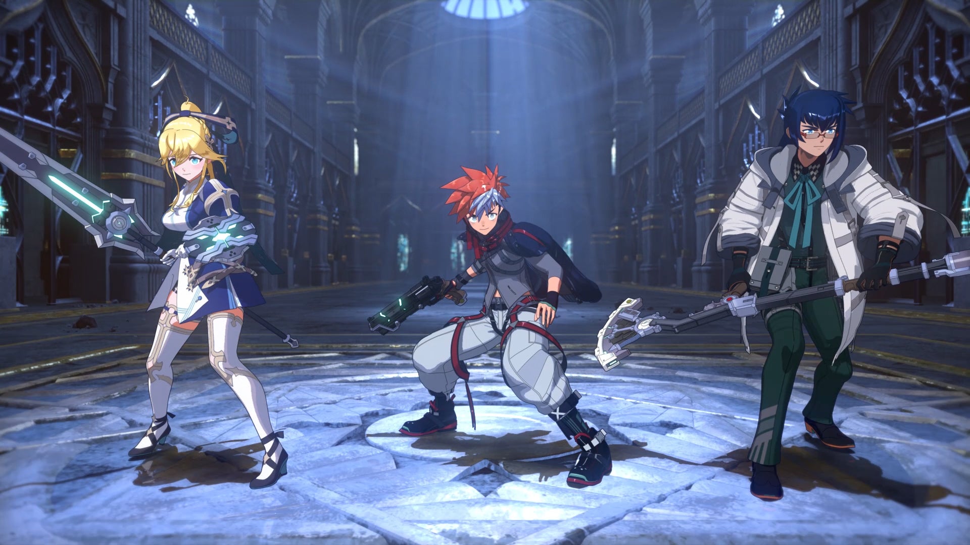 Three anime characters prepare for battle in Armed Fantasia