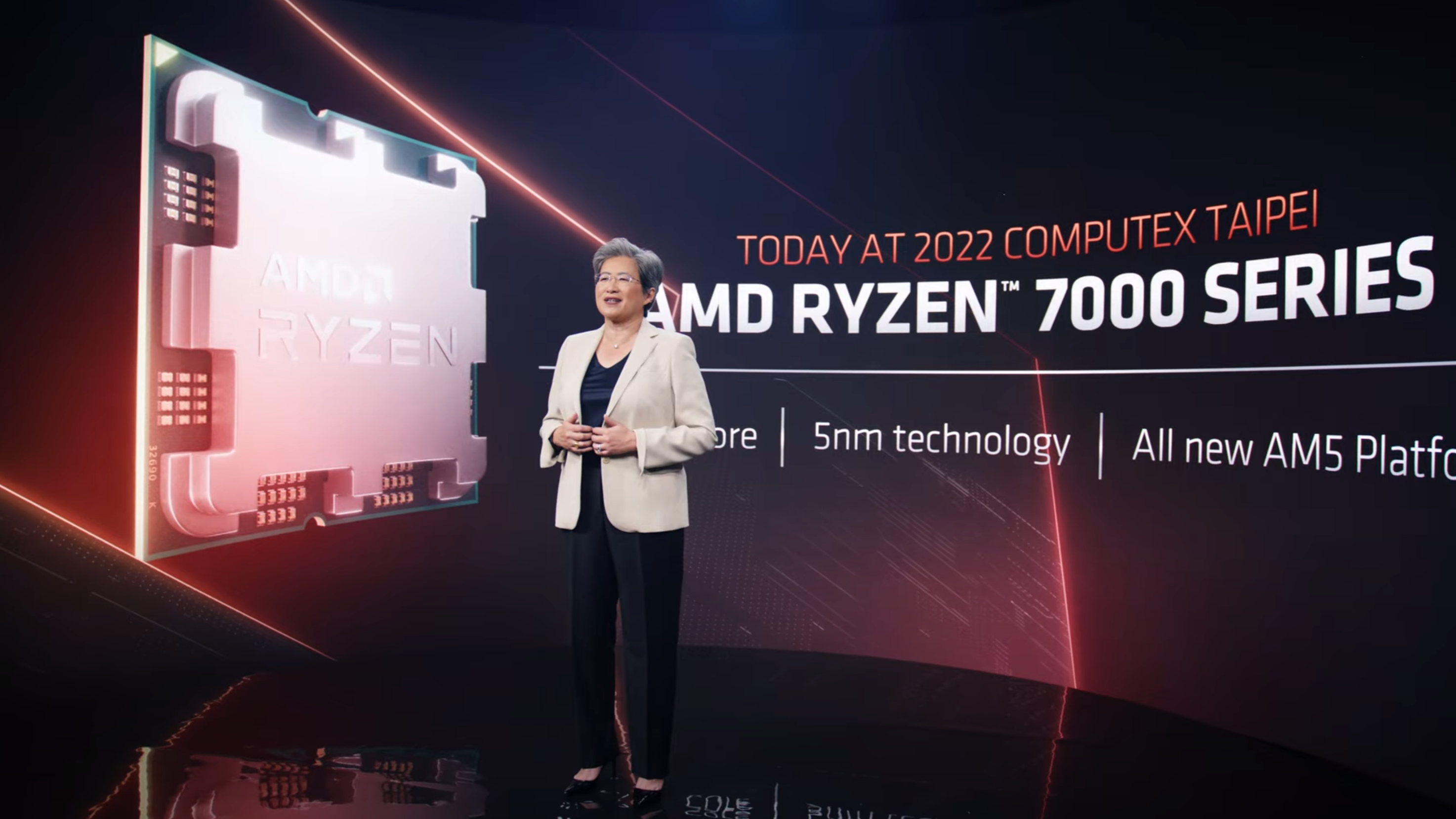 AMD CEO Dr Lisa Su standing on a stage, presenting the Ryzen 7000 CPU range.