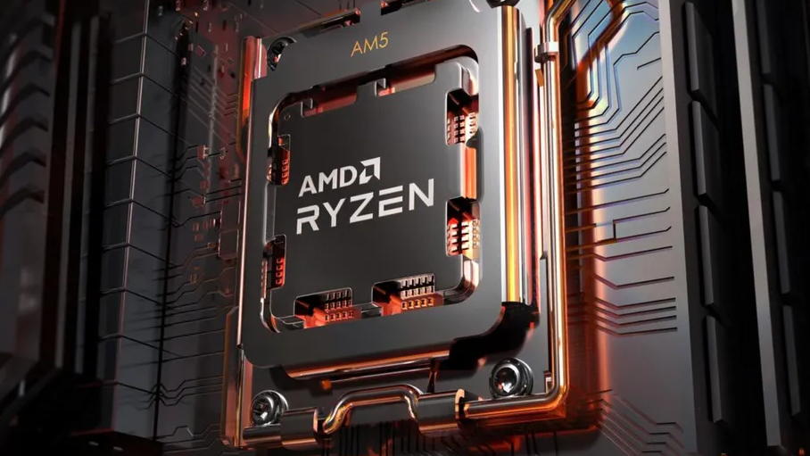 A CGI render of an AMD Ryzen 7000 CPU installed in an AM5 motherboard socket.