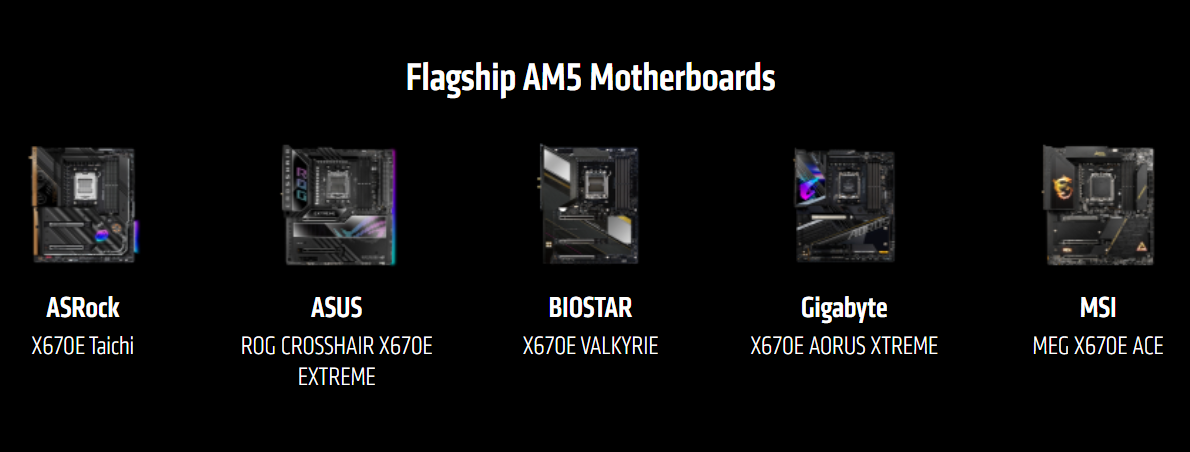 An lineup of various AMD X670E motherboards against a black background.