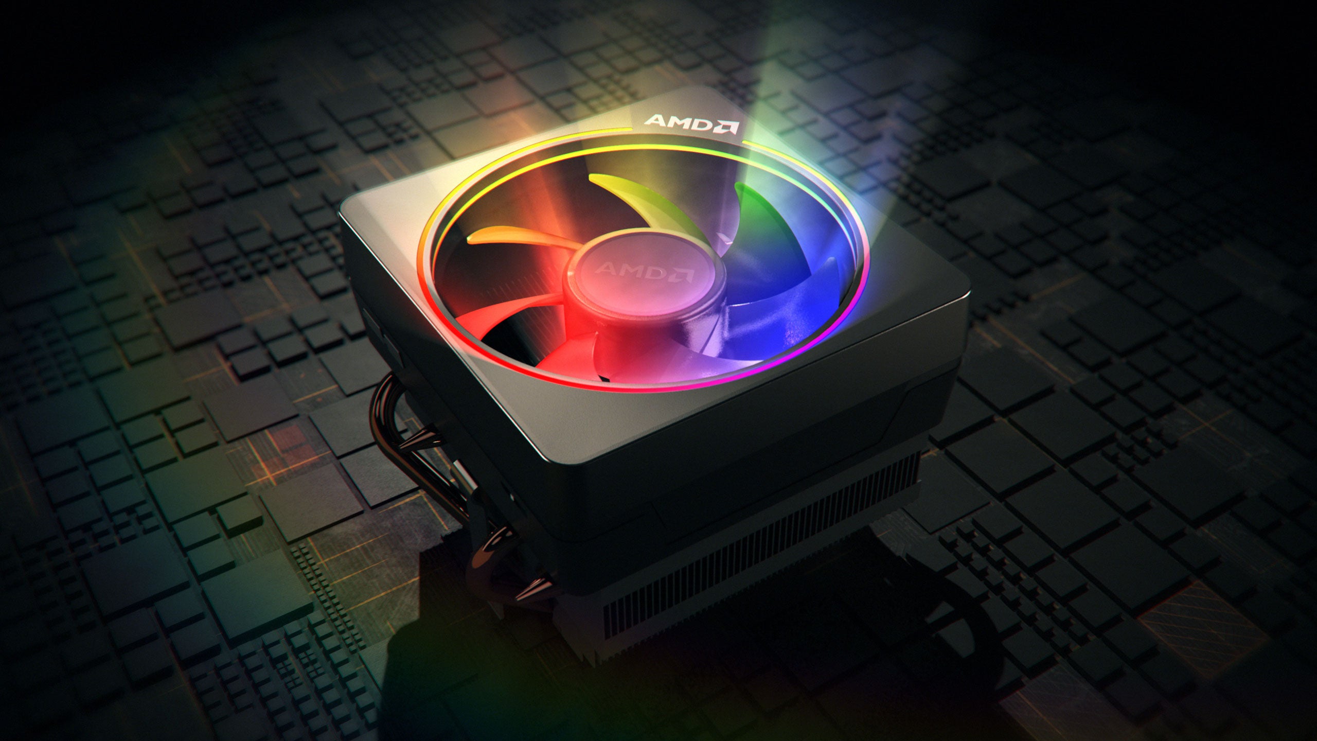 CG render of AMD Wraith Spire cooler with glowing RGB lights
