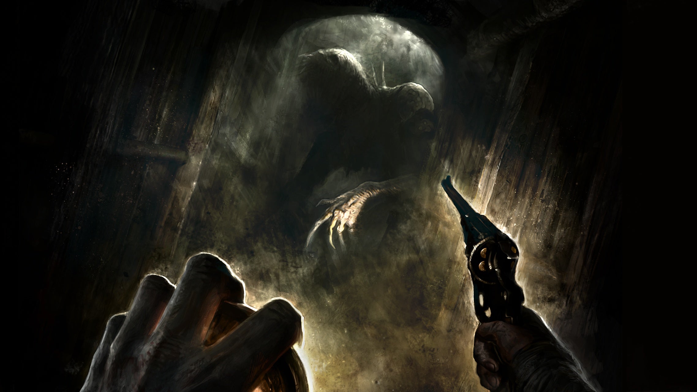 Key art from Amnesia: The Bunker showing an unpleasant figure in a doorway with a revolver pointing towards it