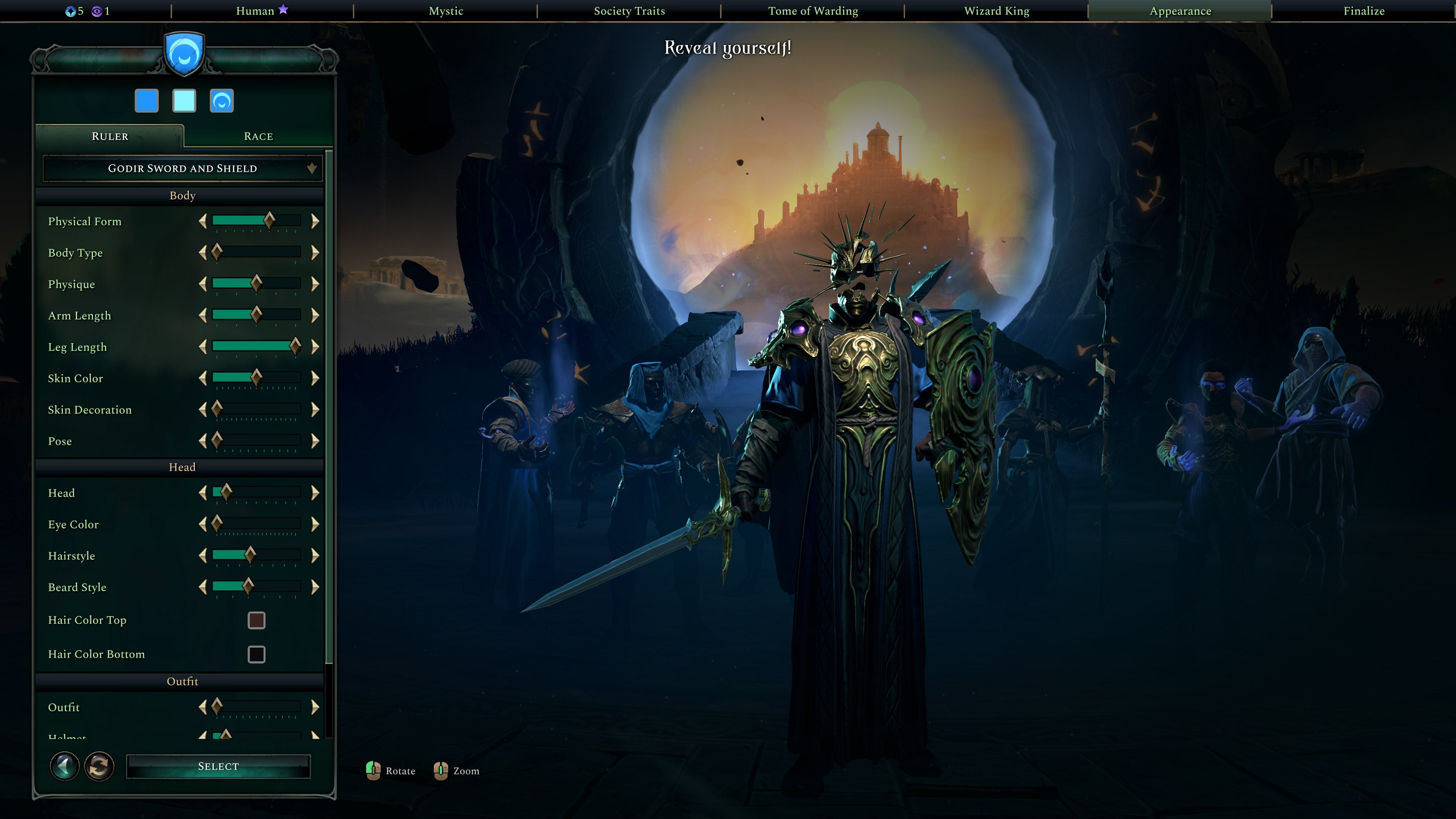 The appearance customisation screen for ruler characters in Age Of Wonders 4