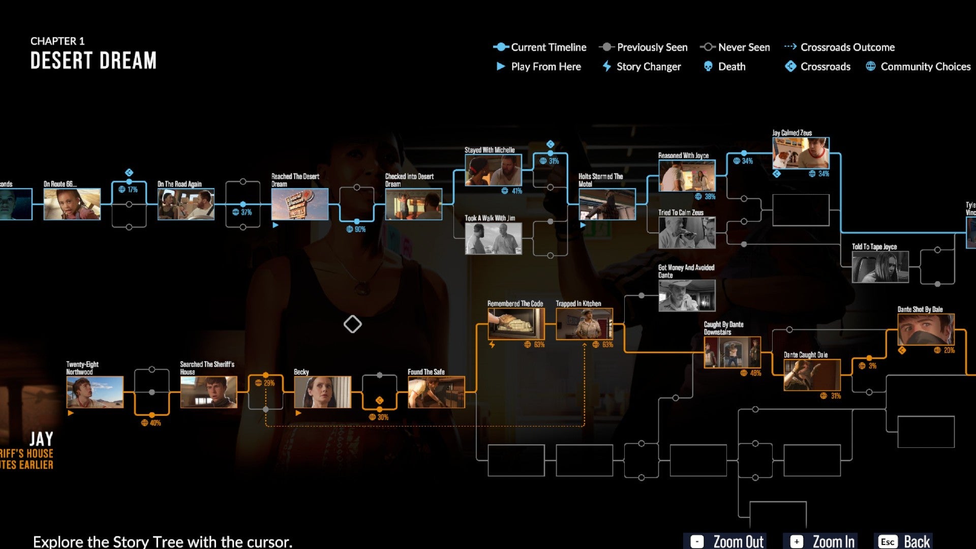 As Dusk Falls screenshot showing the branching paths on the Chapter 1 flowchart.