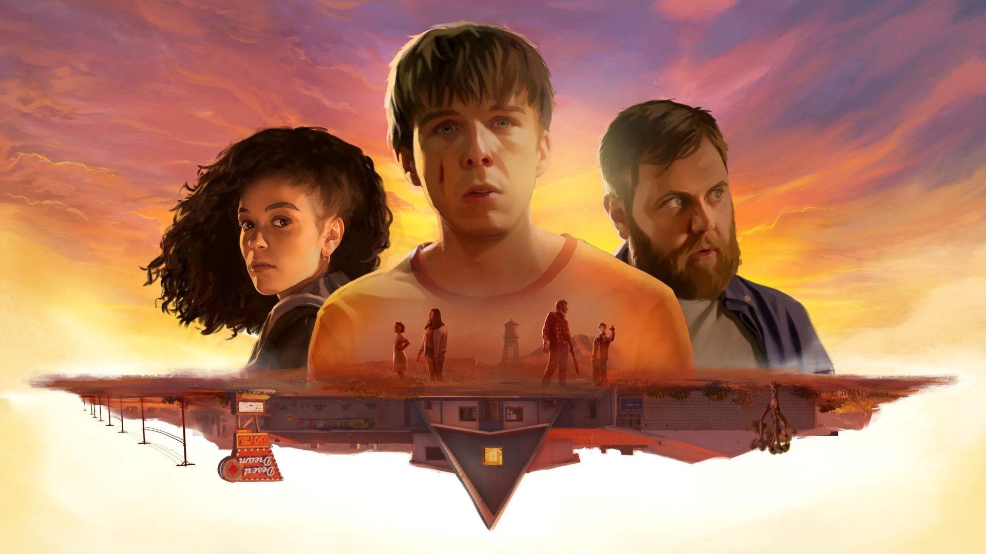 As Dusk Fall art showing headshots of Zoe, Jay, and Vince from left to right, depicted above the upside down Desert Dream motel.