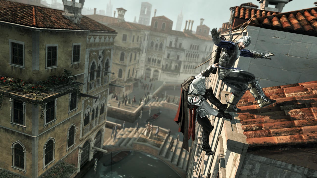 Ezio pulls an enemy off a roof, surely to his death, in Assassin's Creed 2