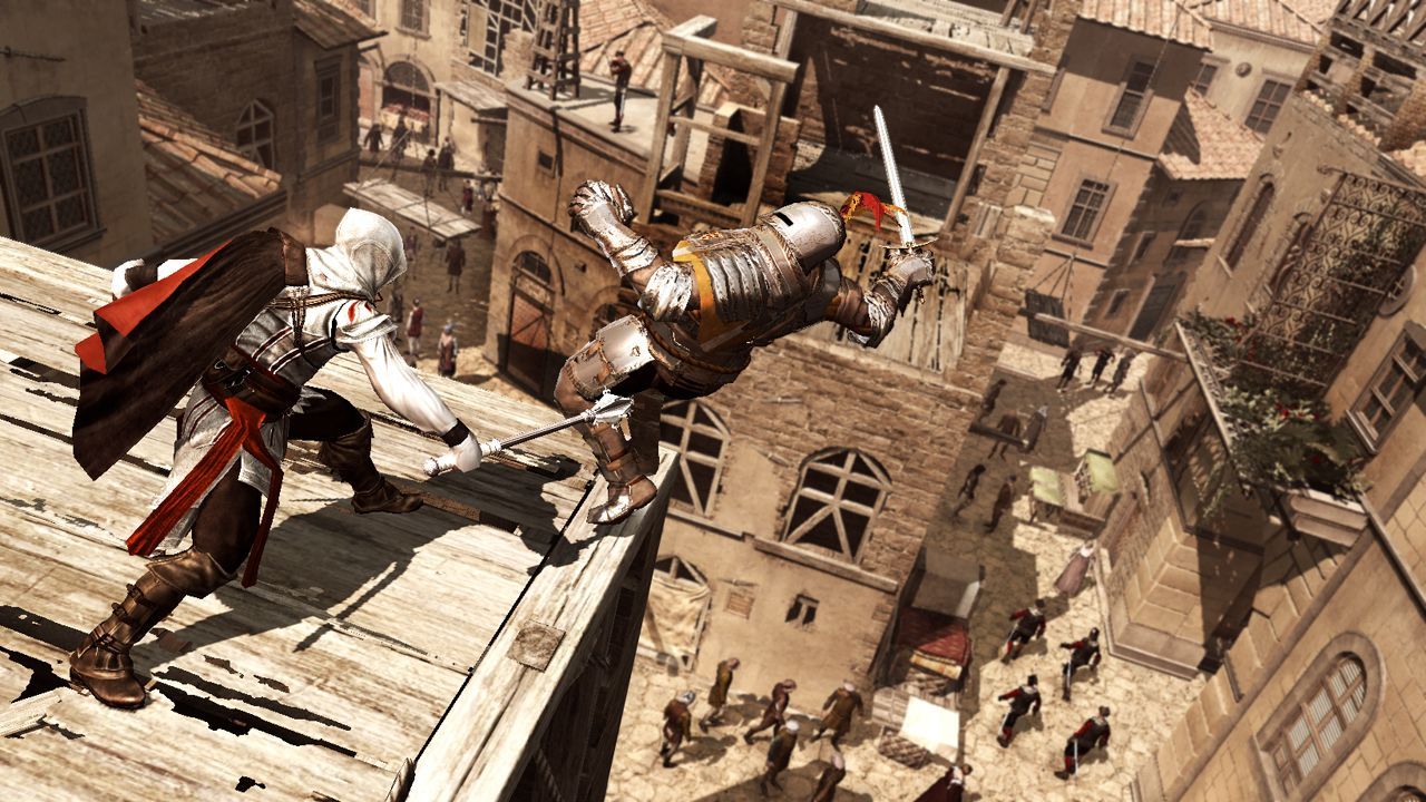 Ezio knocks an enemy off a roof, presumably to his death in Assassin's Creed 2