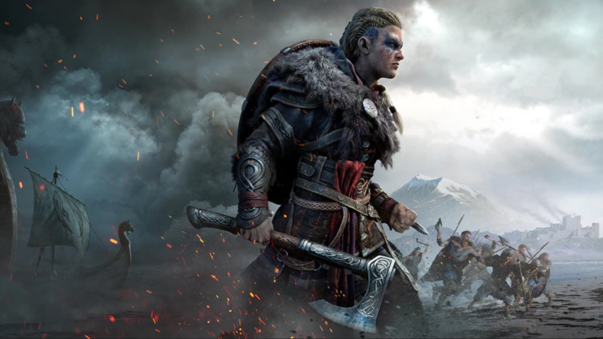 Key art from Assassin's Creed Valhalla showing Eivor holding an axe