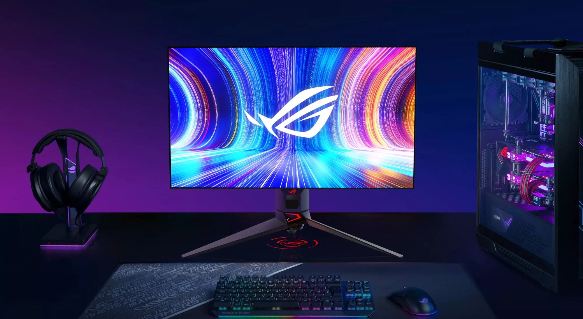 The Asus ROG Swift PG27AQDM OLED gaming monitor on a desk.