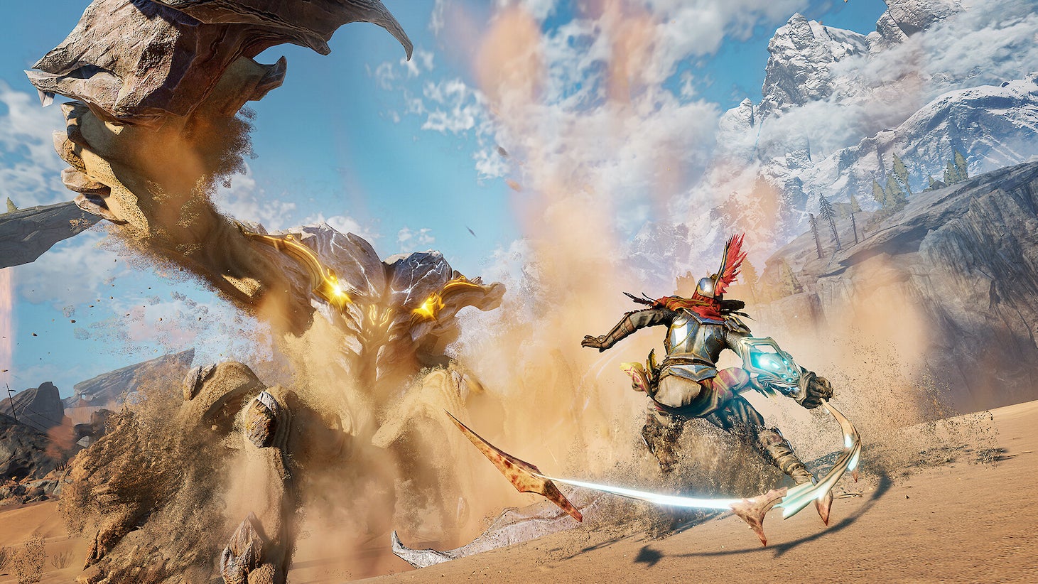 A warrior is swinging a weapon upwards toward a large beast in the desert in Atlas Fallen