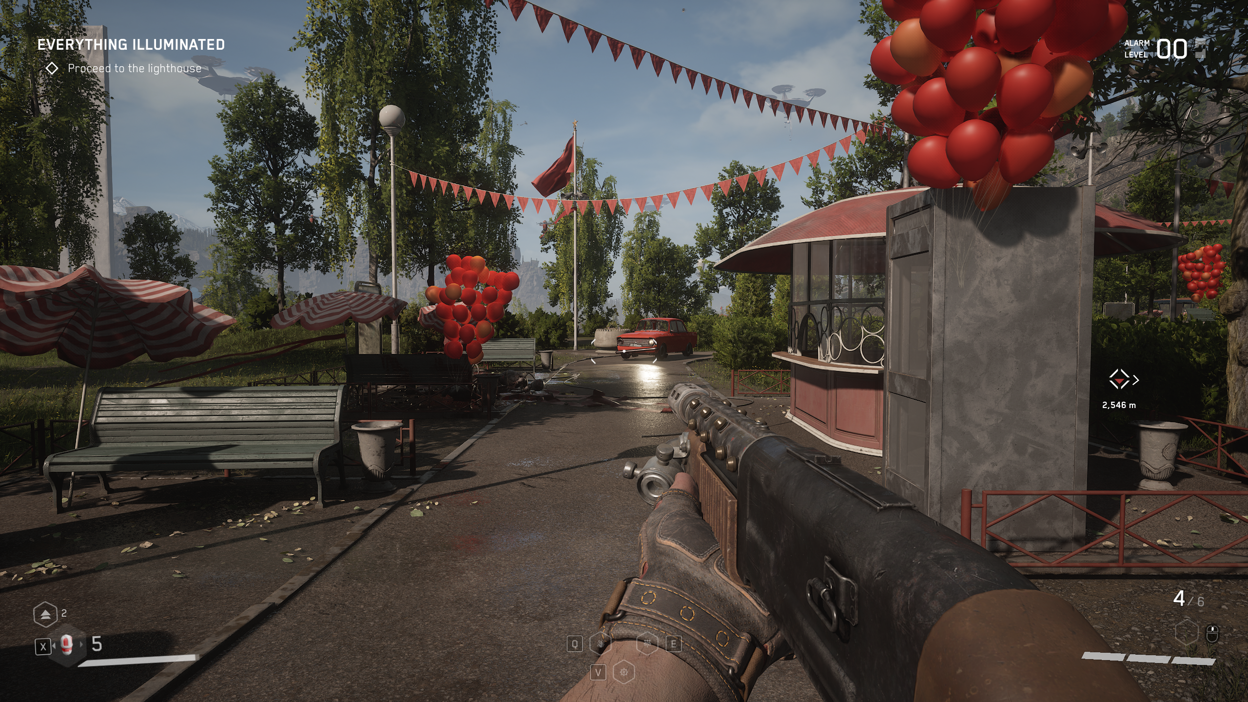 An outdoor scene in Atomic Heart showing Nvidia DLSS upscaling in effect.