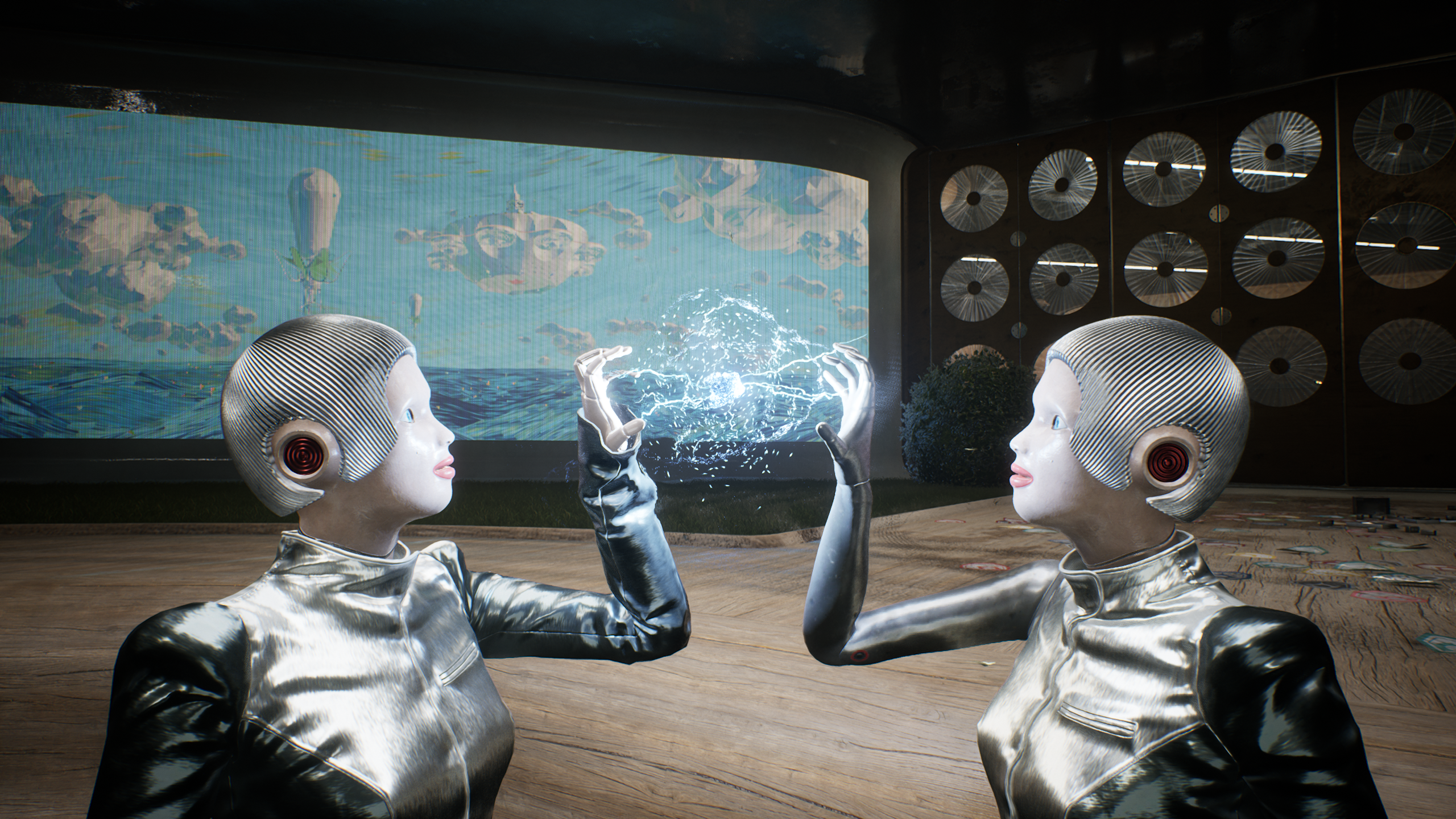 Two Atomic Heart androids, Tereshkova and Claire, interface by generating a small lightning ball in their hands.