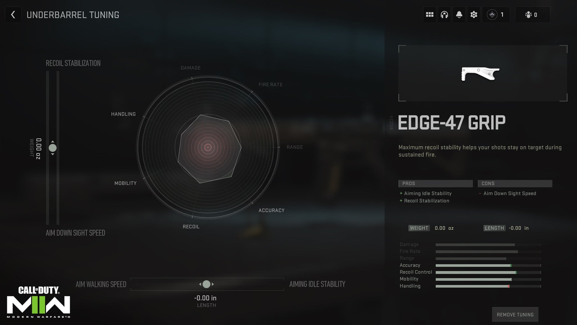 Modern Warfare 2 image showing the attachment tuning menu for the Edge-47 grip. It has two sliders on the edges and a stat distribution circle for this attachment in the centre.