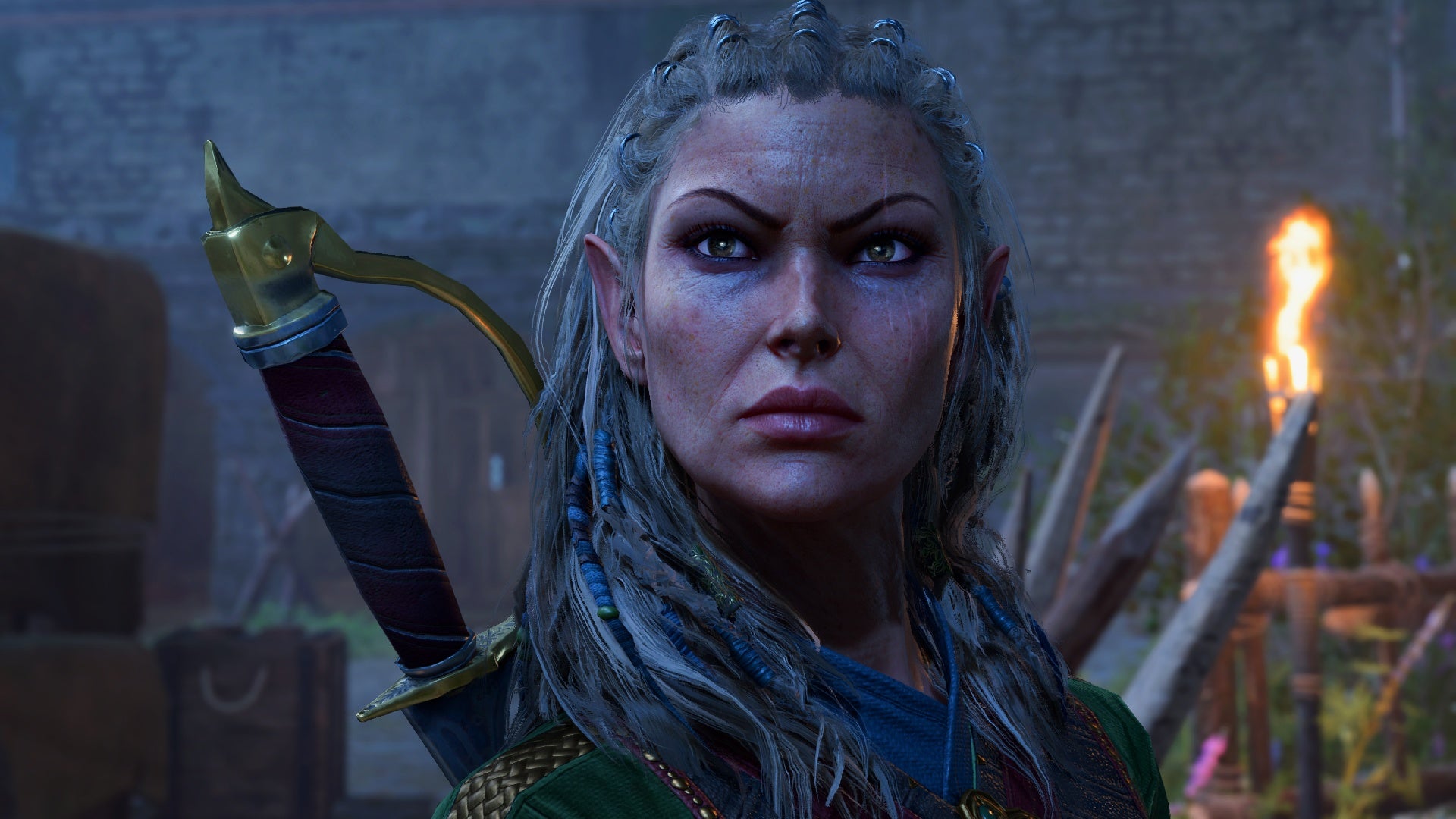 Una captura de pantalla de Baldur's Gate 3 que muestra al personaje de la serie Jaheira con una espada atada a la espalda.