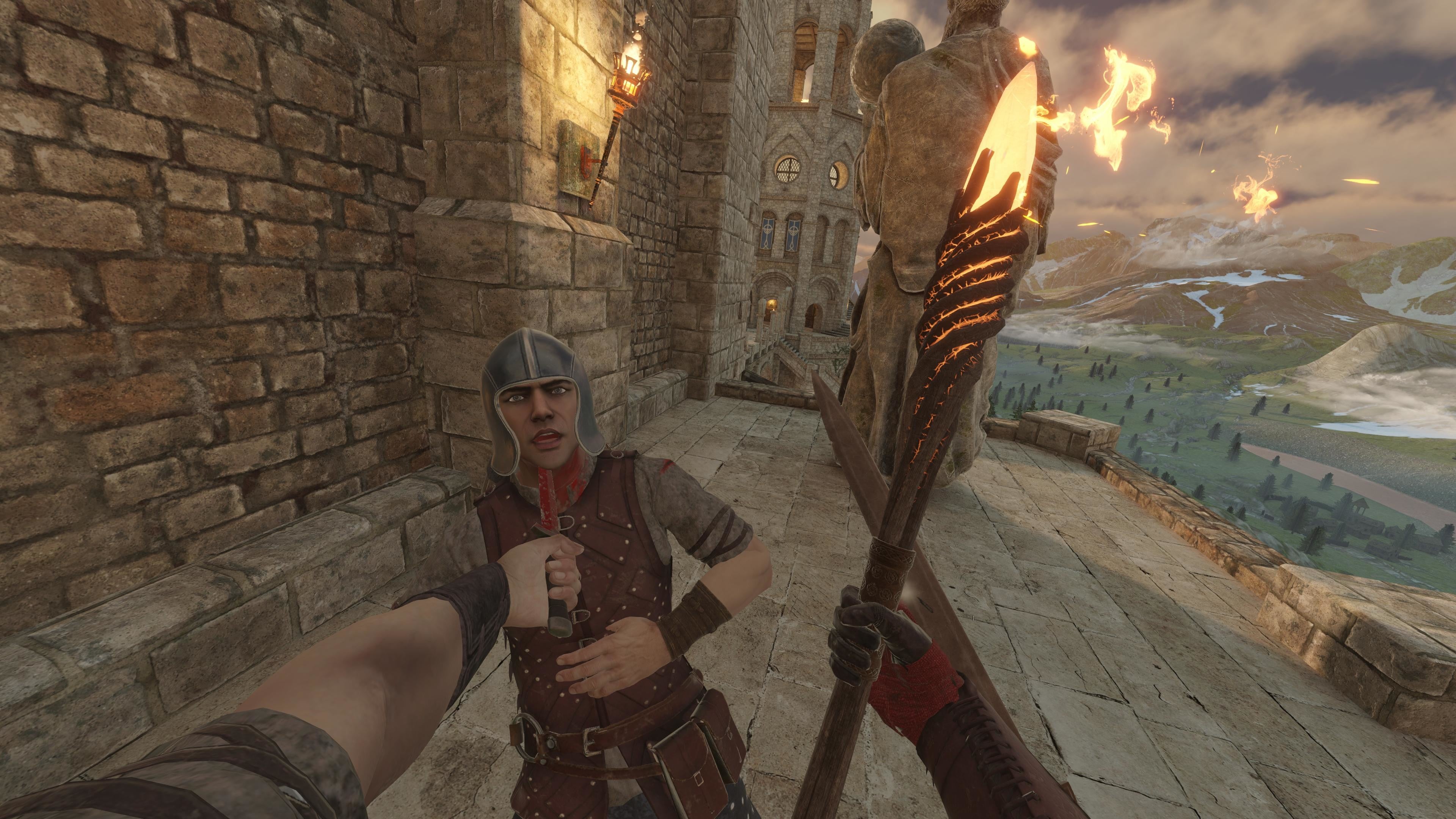 Holding a fire staff in one hand and stabbing a soldier with the blade in your right hand, in the VR combat game Blade And Sorcery