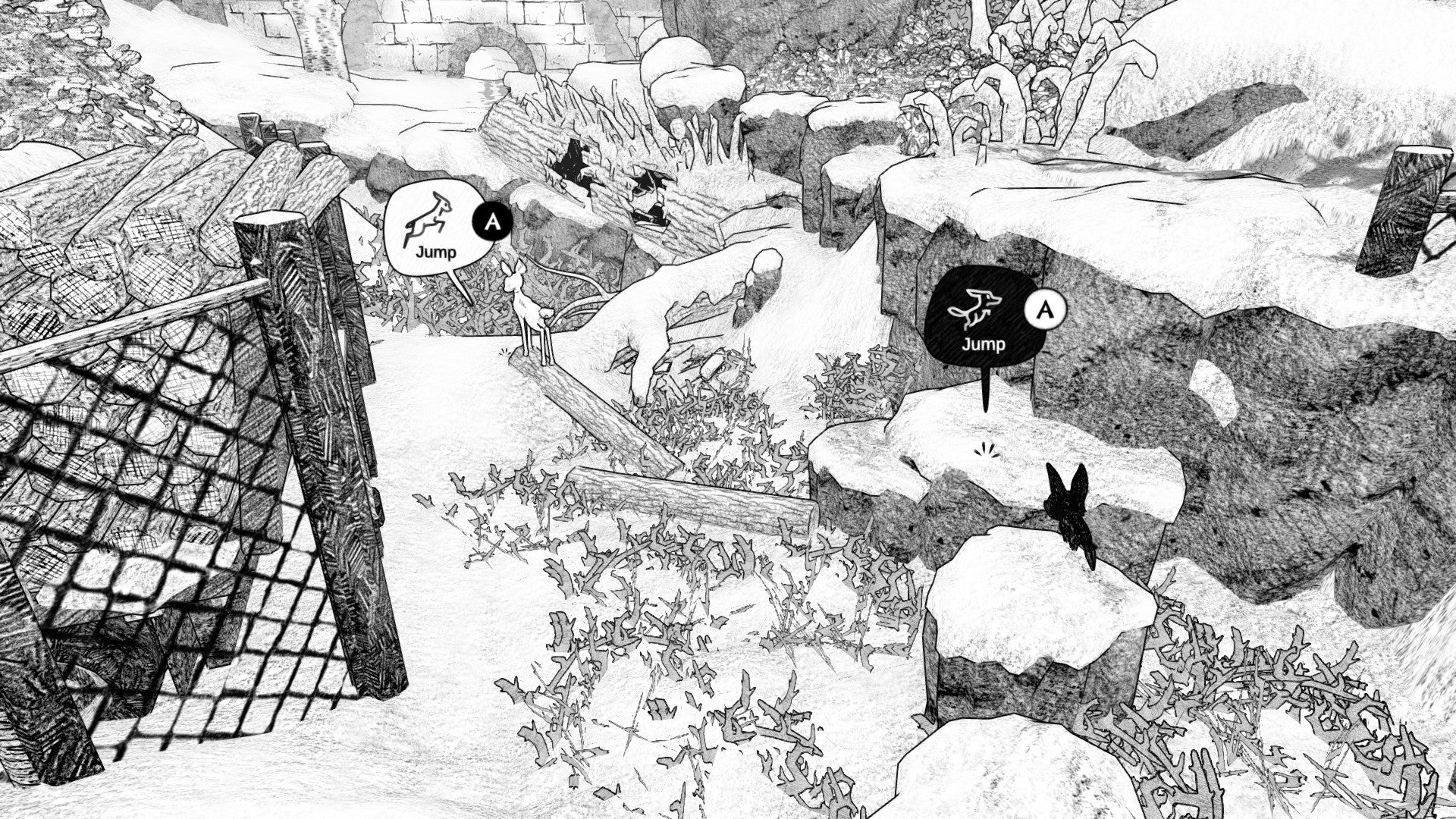 A Blanc screenshot showing the two animals make their way through a platforming section with brambles and rocks