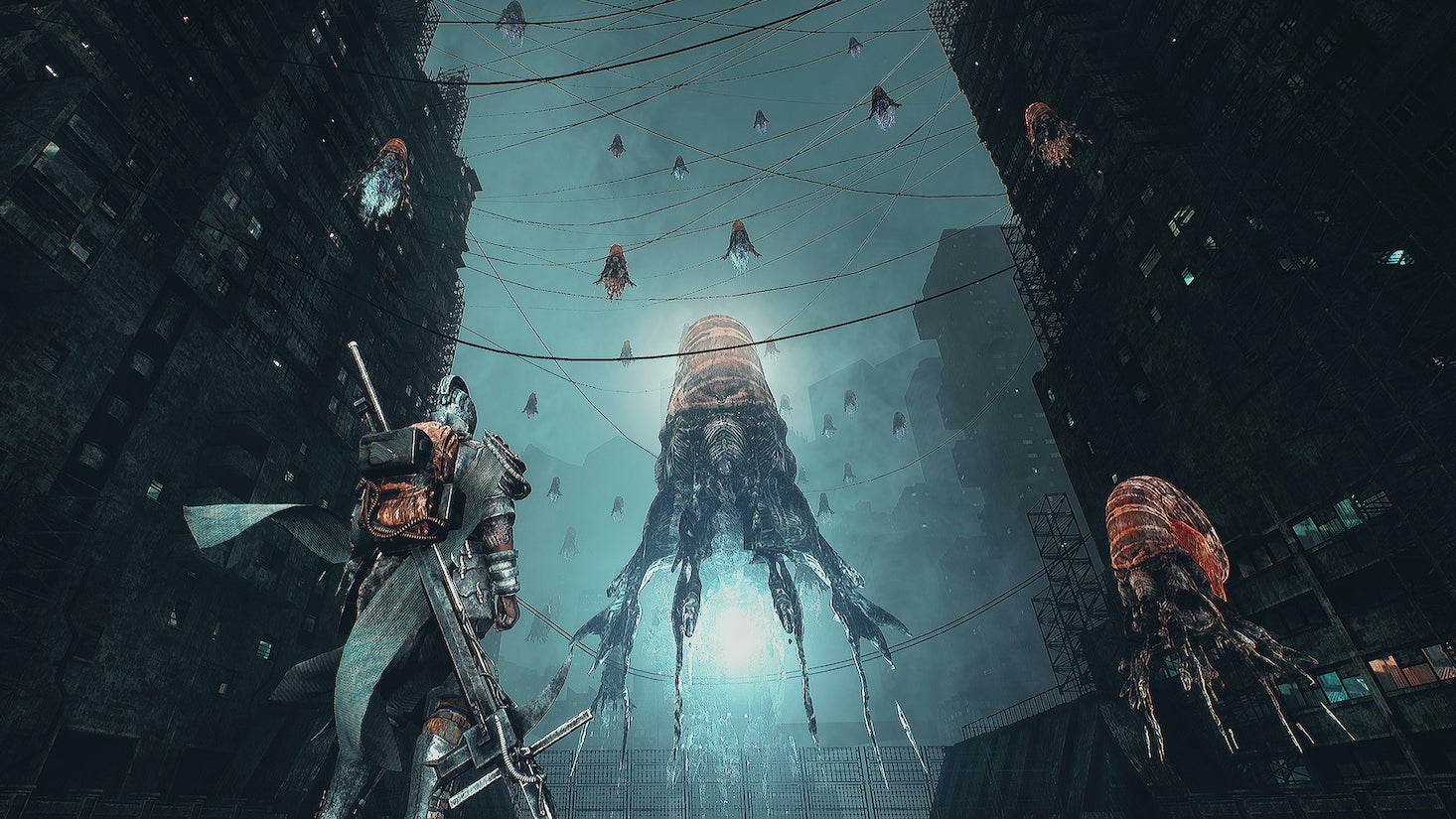 A character stands on the left, looking up at futuristic floating jellyfish in a dark city in Bleak Faith: Forsaken