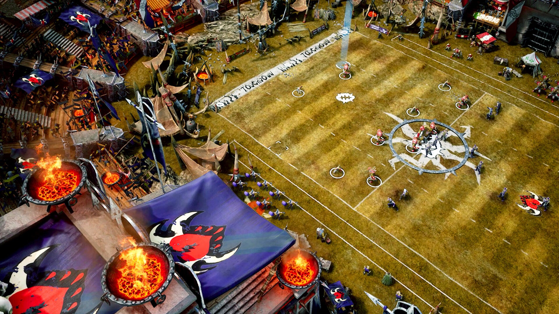 A top down view of a Warhammer football field in Blood Bowl 3