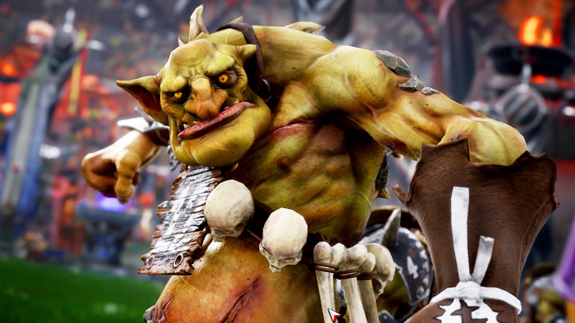 An orc looks straight to camera in Blood Bowl 3