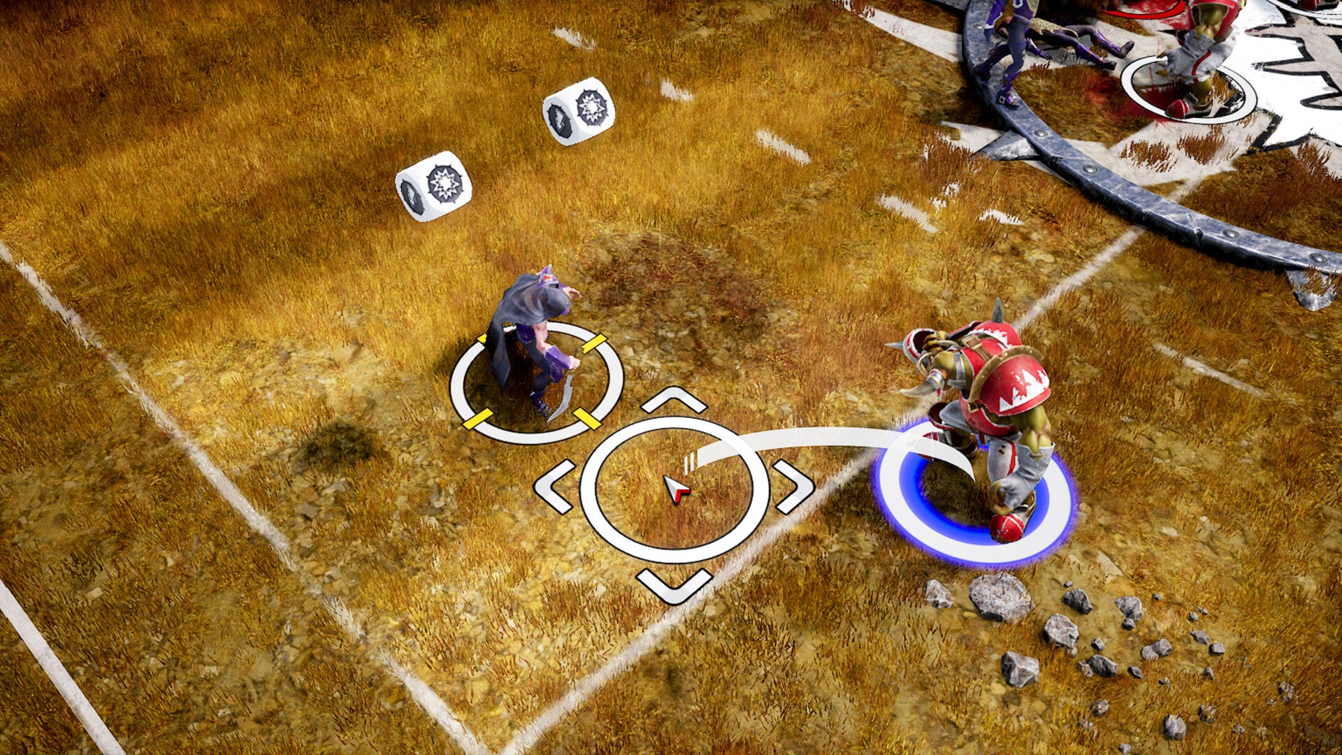 Two dice rolls determine the movement of an orc footballer in Blood Bowl 3
