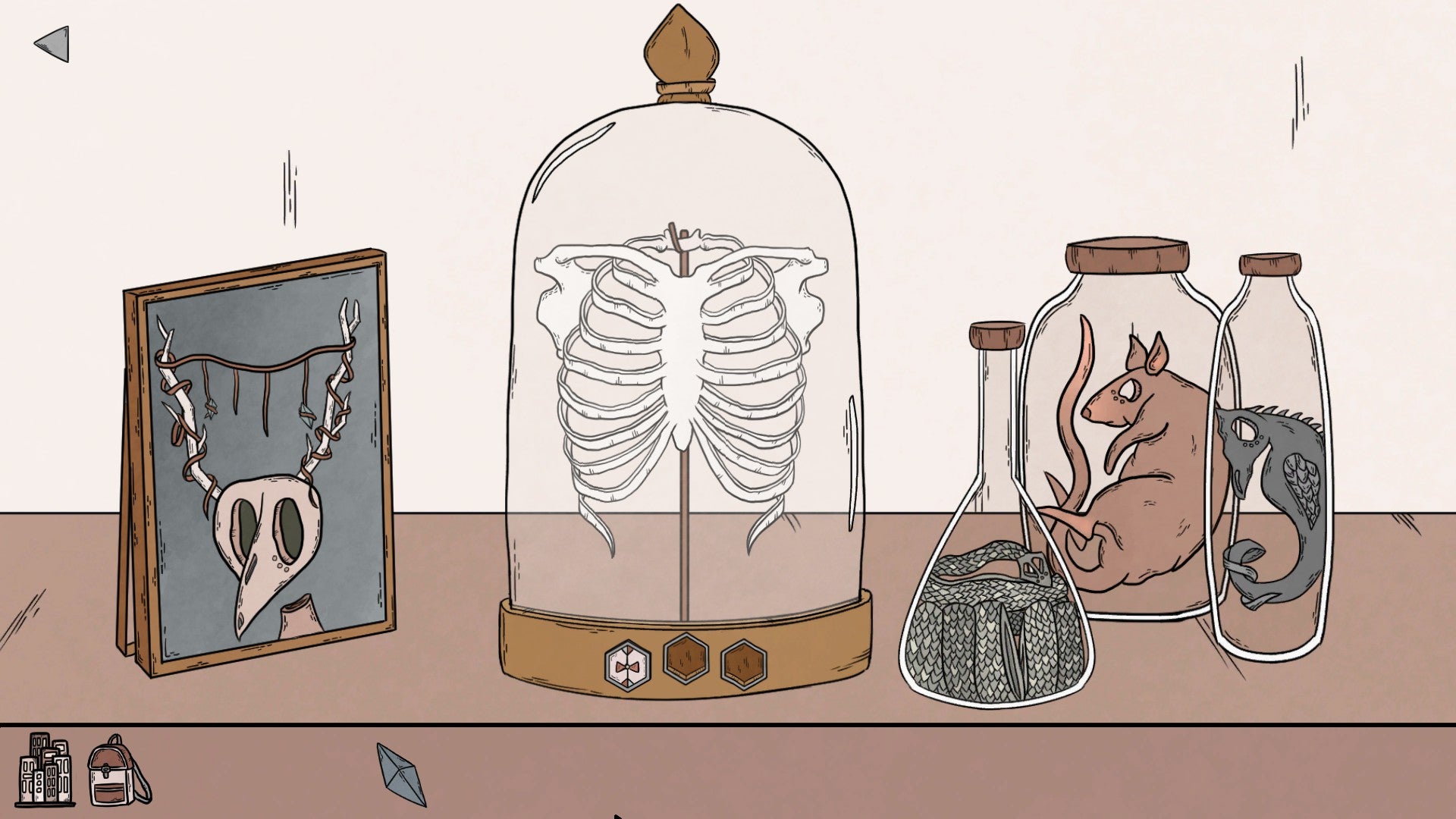A Birth screenshot of a table top filled with jars of creatures with a big jarred ribcage in the middle.