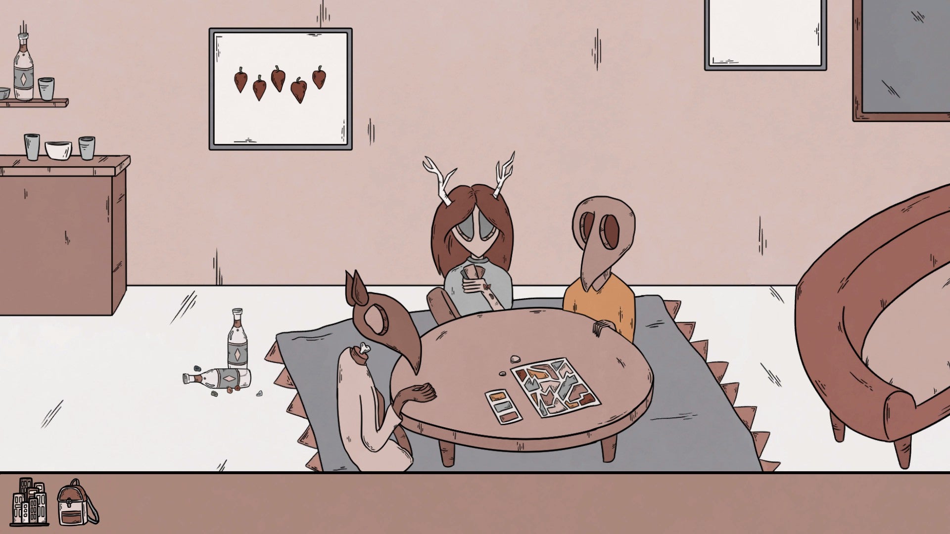 A group of strange beings sit around a table playing a card game in a cosy apartment in Birth