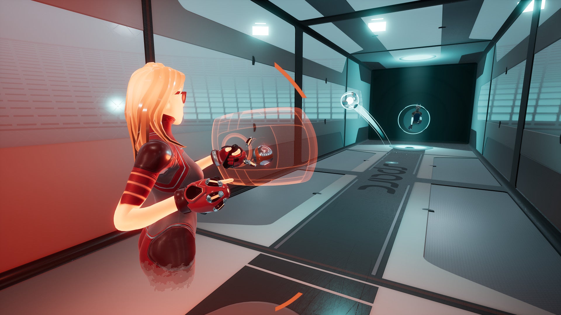 A woman in an orange VR suit prepares to deflect a ball in Sparc