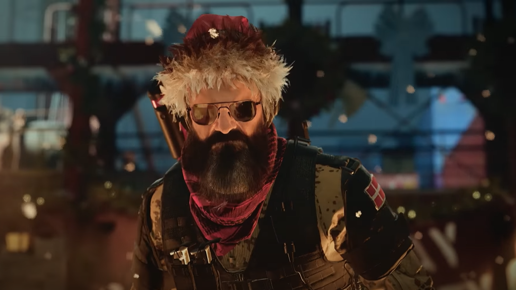 A screenshot from Call Of Duty: Modern Warfare 2 showing festive operator Klaus scowling while wearing sunglasses