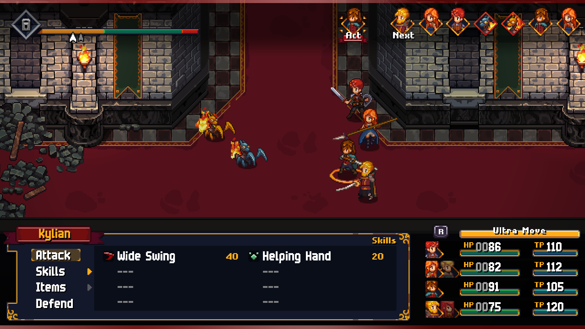 A battle screen showing four warriors fighting mechanical spiders in a royal castle in Chained Echoes