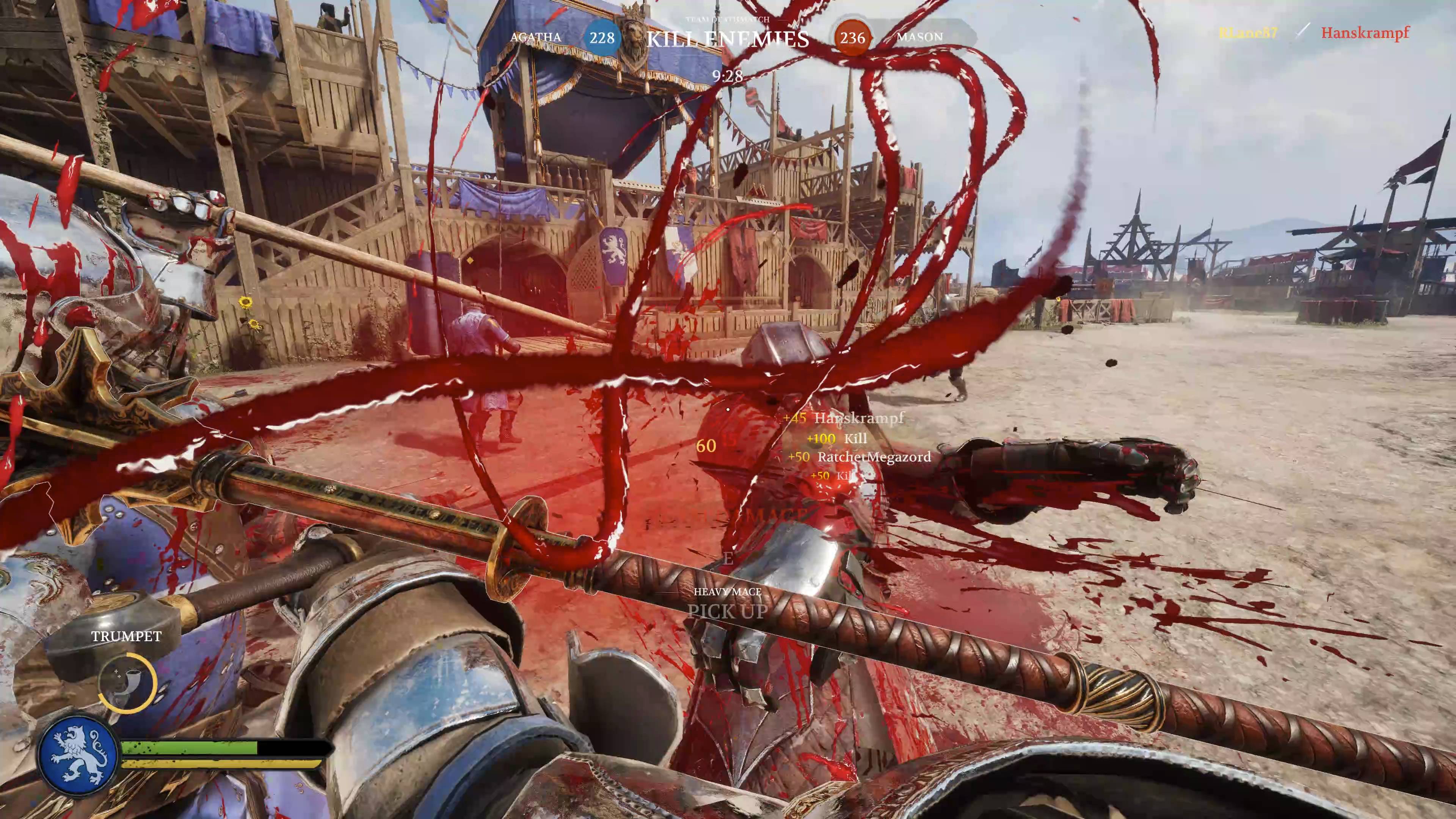 A knight suffers a major blow with a splatter of blood in Chivalry 2