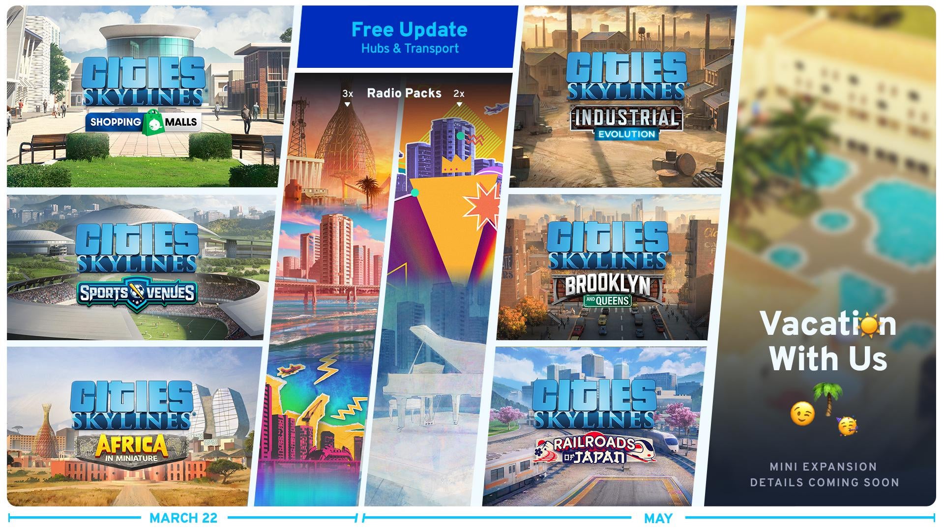 A roadmap with tiled artwork for Cities: Skylines' content packs for March and May