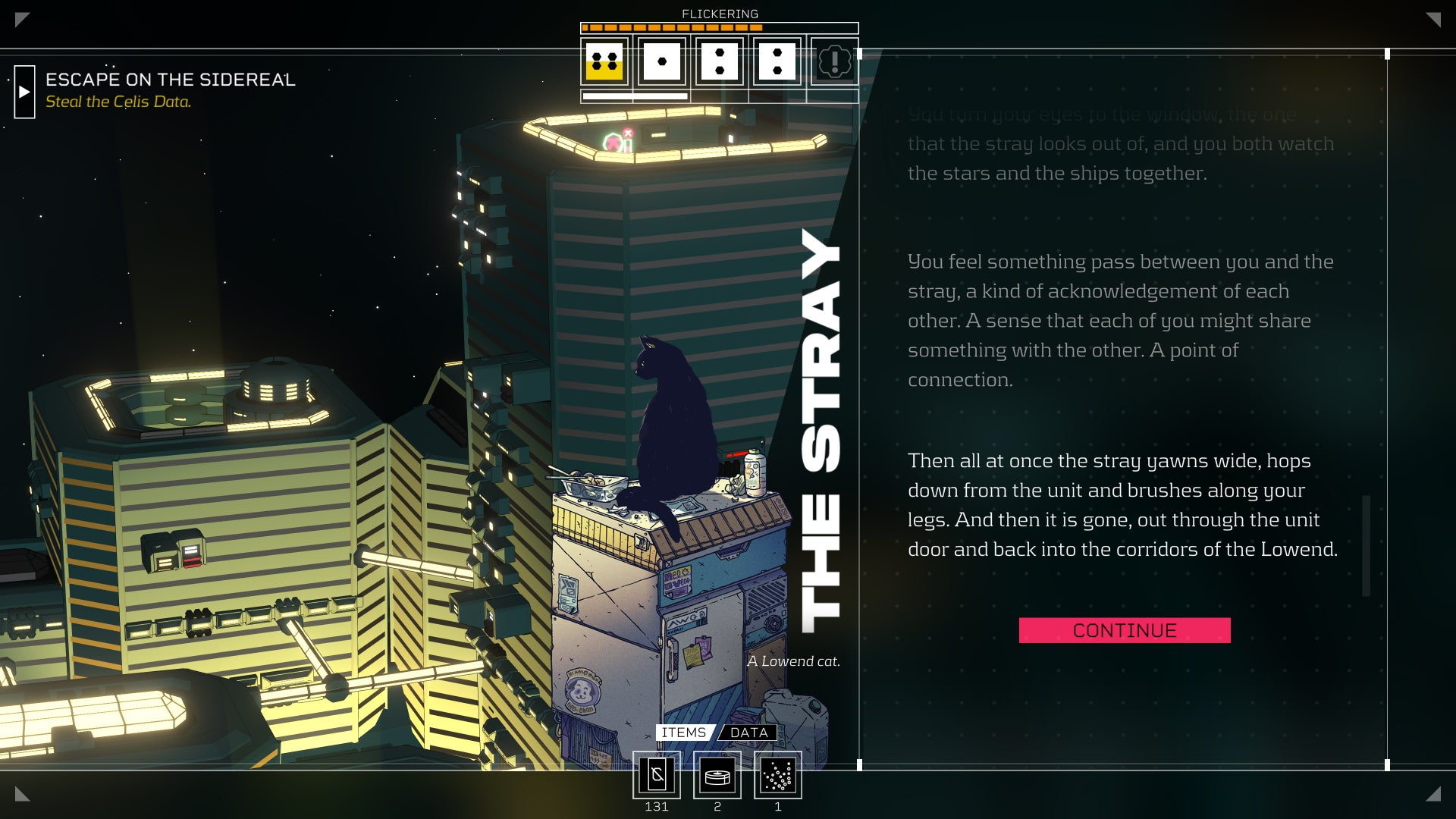 O jogador contempla um gato de rua dentro de seu apartamento em Citizen Sleeper