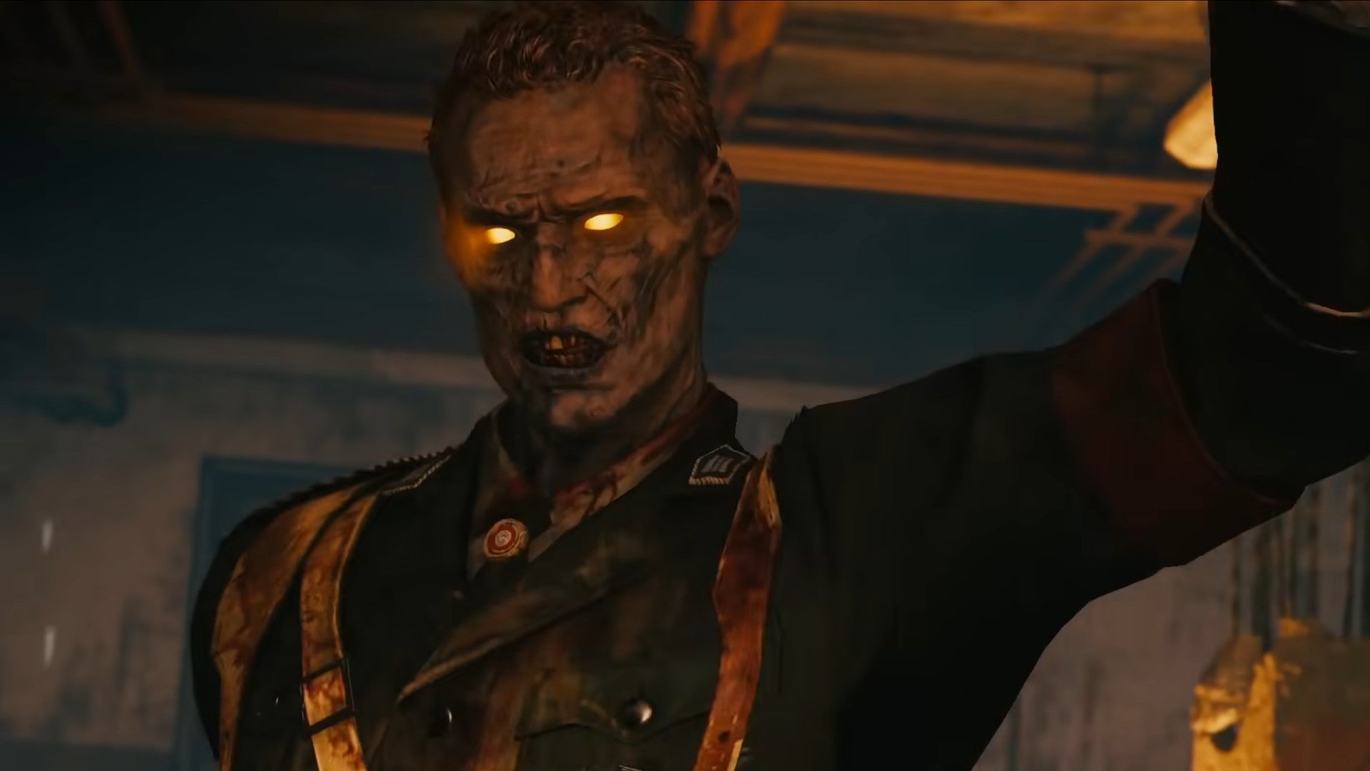 A close-up of a zombie with glowing orange eyes in a military uniform in Black Ops 3: Zombie Chronicles