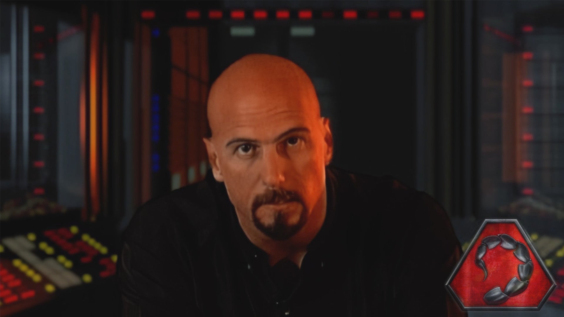 Kane from Command & Conquer stares intently into the camera during an FMV sequence