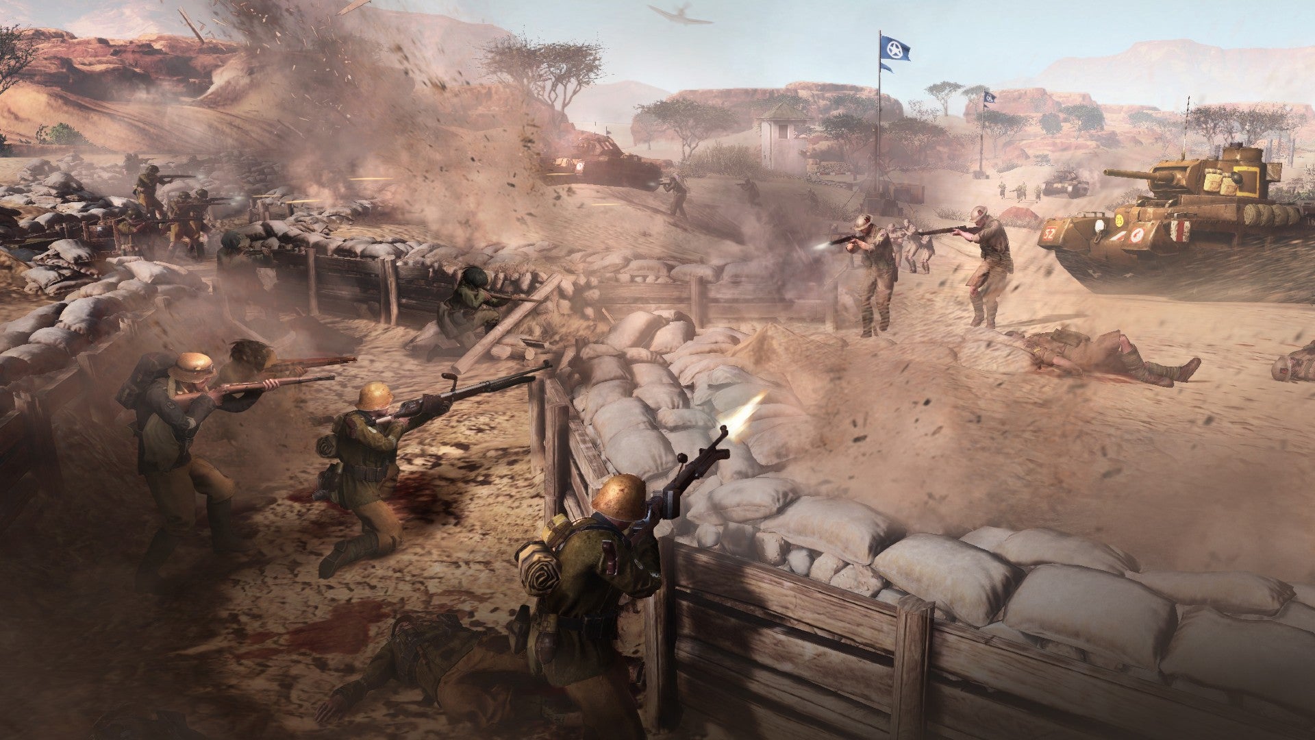 Image of soldiers firing out of trenches as enemies approach with a tank in Company of Heroes 3.