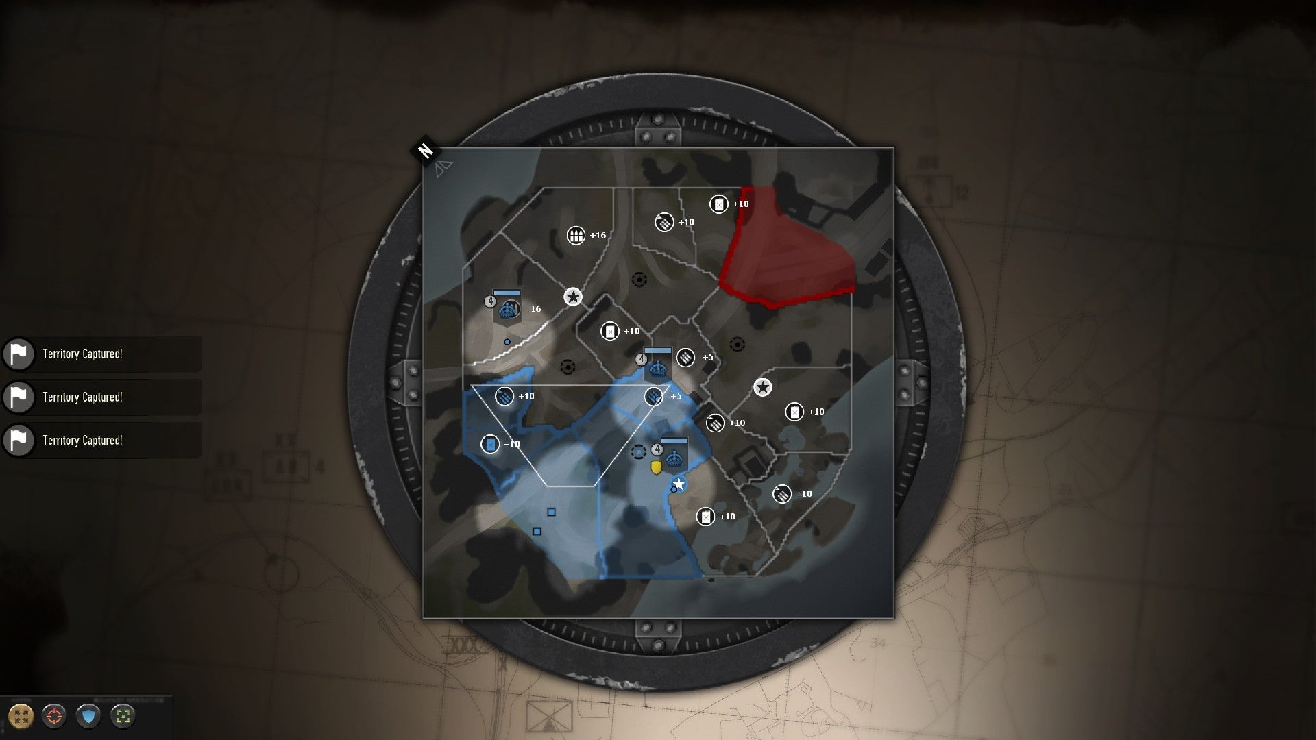 Company of Heroes 3 image showing the map, with blue and red tiles denoting captured positions.