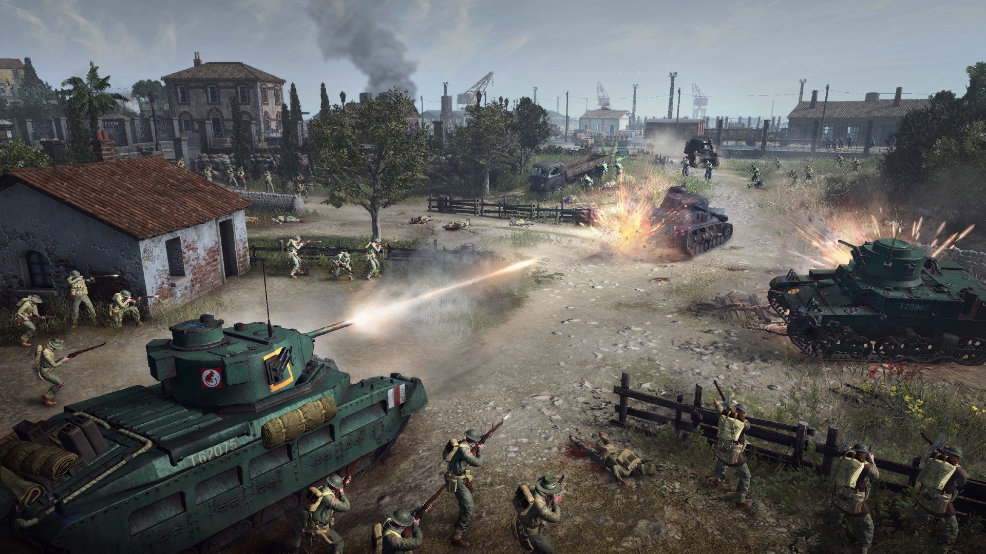 Company of Heroes 3 art showing tanks firing at each other while soldiers take cover and aim rifles.